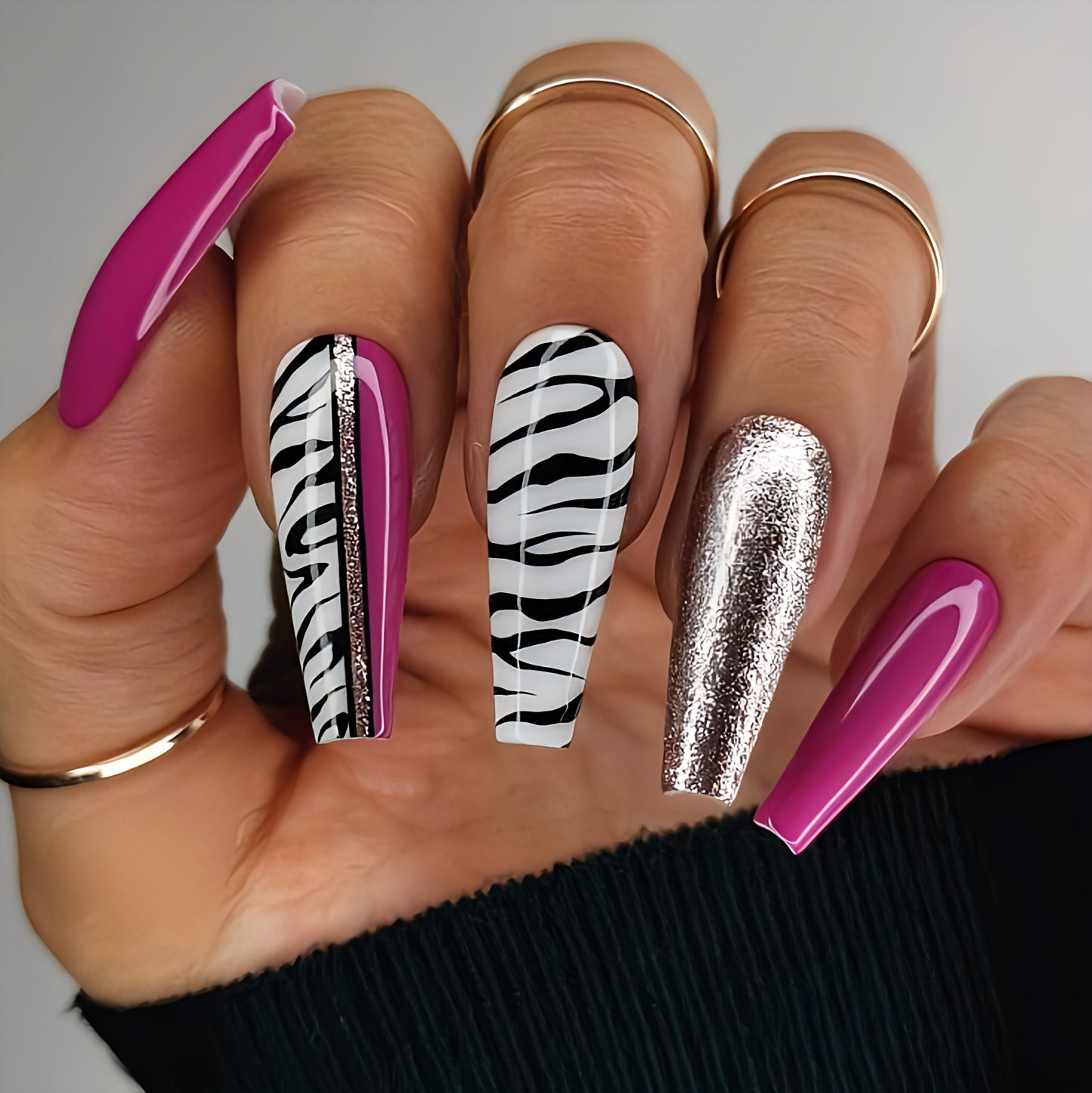 Glossy Dark Pink Glitter Animal Print Press on Fake Nails // tns279