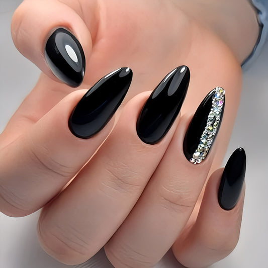 Glossy Black Studded Press on Fake Nails // tns286