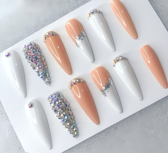 Glossy White and Nude Studded Press on Fake Nails // tns294