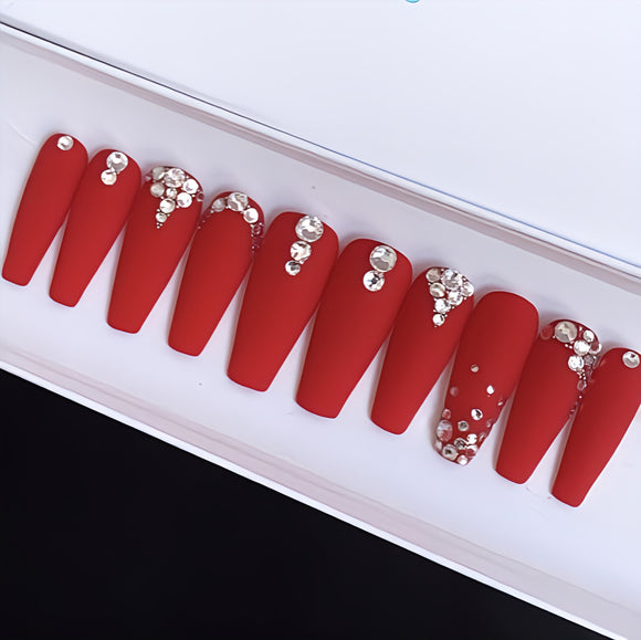 Matte Red Studded Press on Fake Nails // tns295