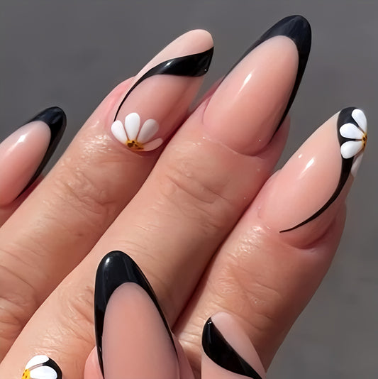 Glossy Black Floral Swirls Press on Fake Nails // tns309