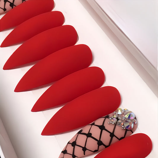 Matte Red Studded Press on Fake Nails // tns311