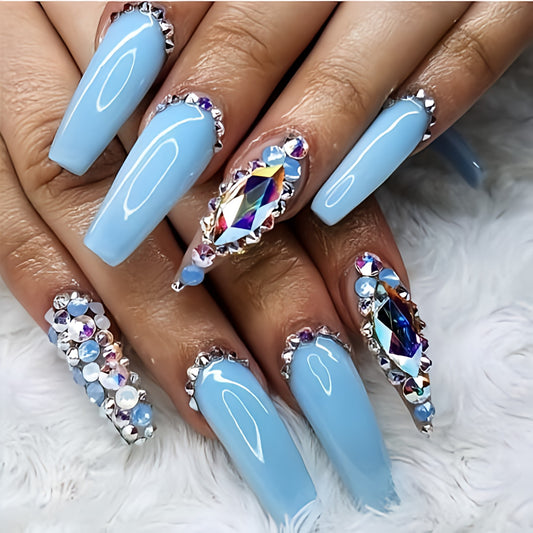 Glossy Light Blue Studded Press on Fake Nails // tns312