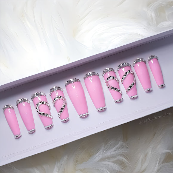 Glossy Pink Studded Hearts Press on Fake Nails // tns315