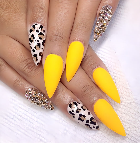 Matte Yellow Studded Animal Print Press on Fake Nails // tns316