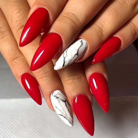 Glossy Red Marble Press on Fake Nails // tns317