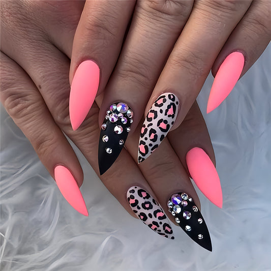 Matte Pink Studded Animal Print Press on Fake Nails // tns324