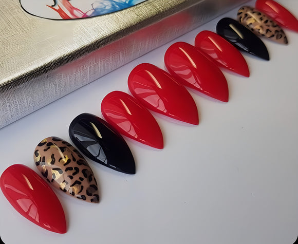 Glossy Red Animal Print Press on Fake Nails // tns365