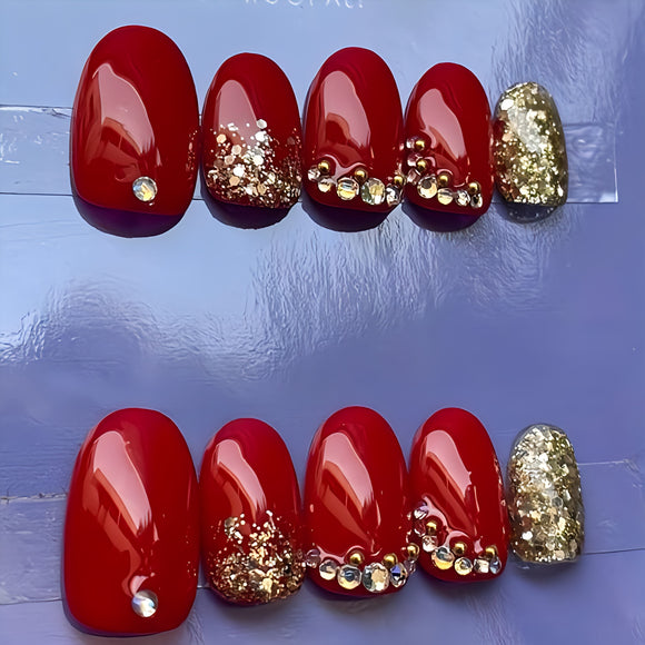 Glossy Red Glitter Studded Press on Fake Nails // tns374