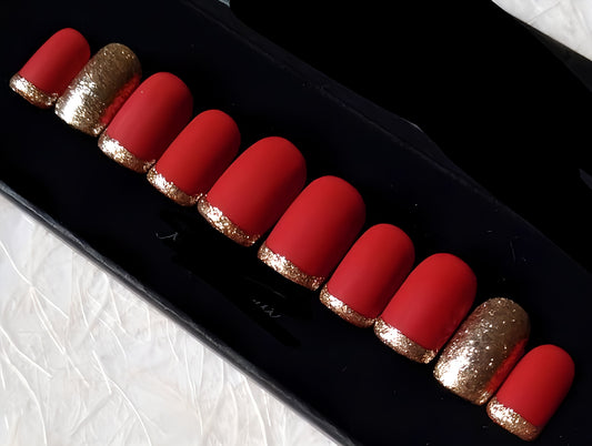 Matte Red French Glitter Press on Fake Nails // tns383