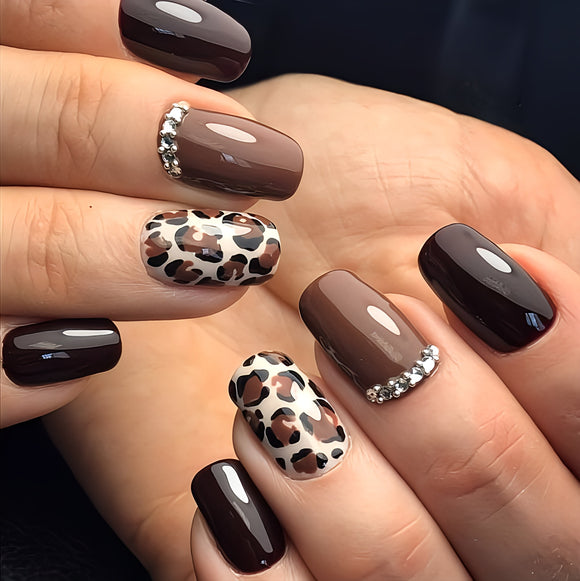 Glossy Black Studded Animal Print Press on Fake Nails // tns384