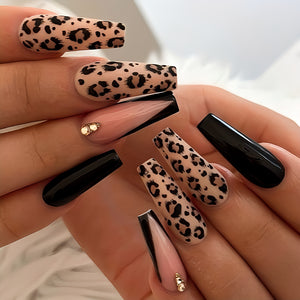 Glossy Black French Animal Print Press on Fake Nails // tns389