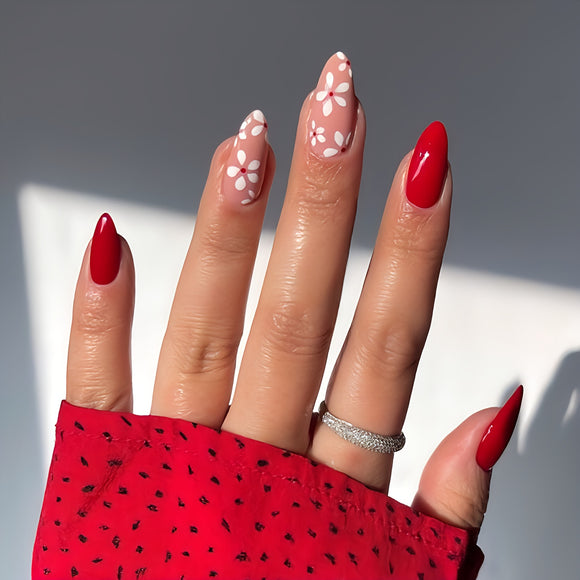 Glossy Red Floral Press on Fake Nails // tns391