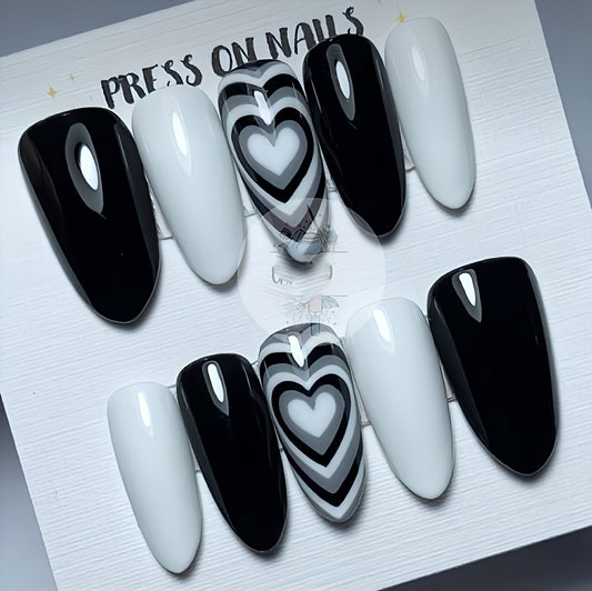 Glossy Black and White Hearts Press on Fake Nails // tns398