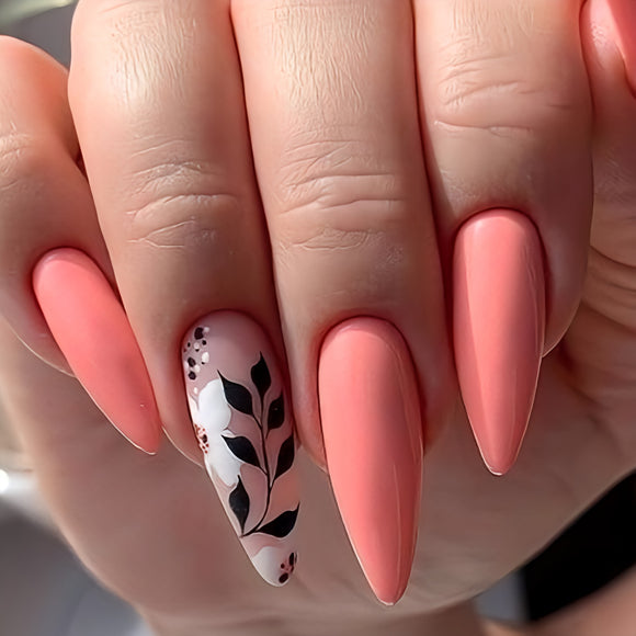 Glossy Peach Floral Press on Fake Nails // tns400
