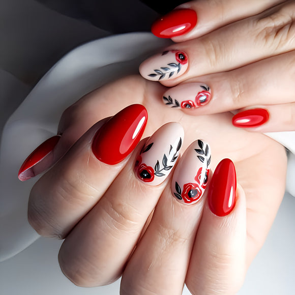 Glossy Red Floral Press on Fake Nails // tns876