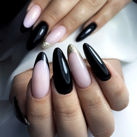 Glossy Black French Press on Fake Nails // tns877