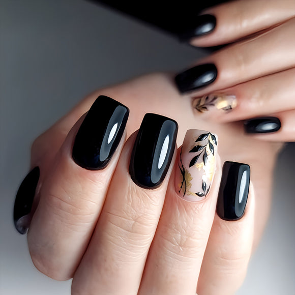 Glossy Black Floral Press on Fake Nails // tns888