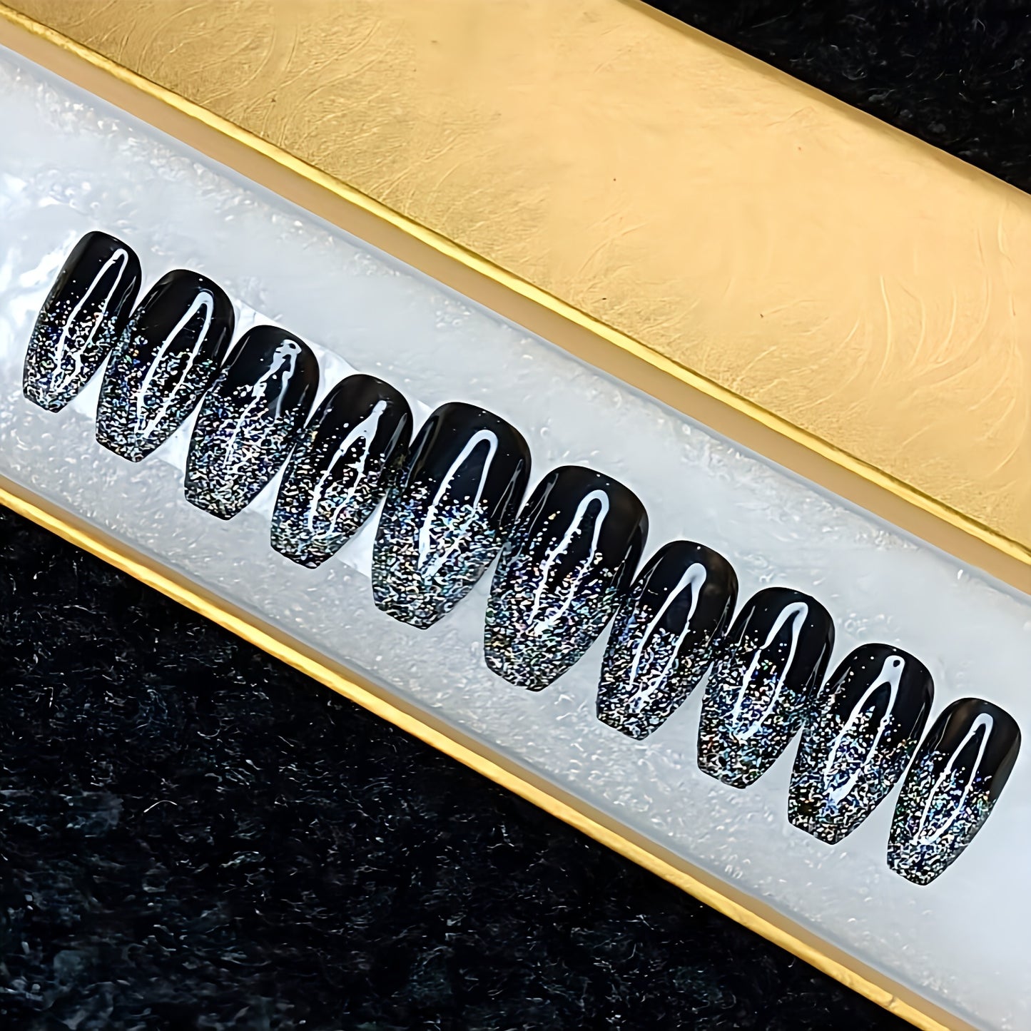 Glossy Black Glitter Ombre Press on Fake Nails // tns891