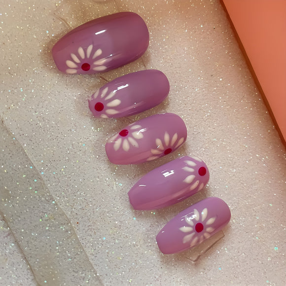 Glossy Purple Floral Press on Fake Nails // tns897