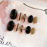 Glossy Black Glitter Floral Press on Fake Nails // tns882