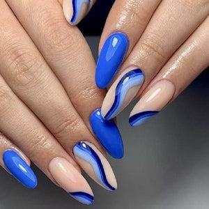 Glossy Blue Swirls Press on Fake Artificial Nails / tns614