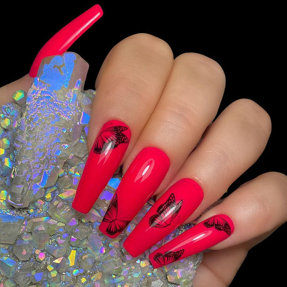 Glossy Red Butterflies Press on Fake Nails // tns886