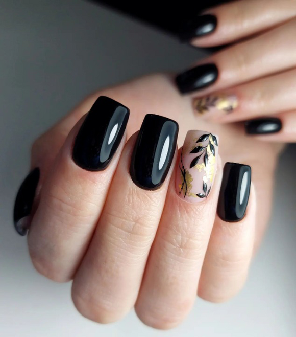 Glossy Black Floral Press on Fake Nails // tns888