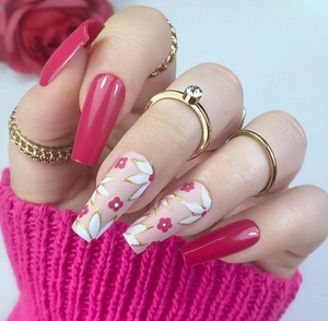 Glossy Dark Pink Floral Press on Fake Artificial Nails / tns693