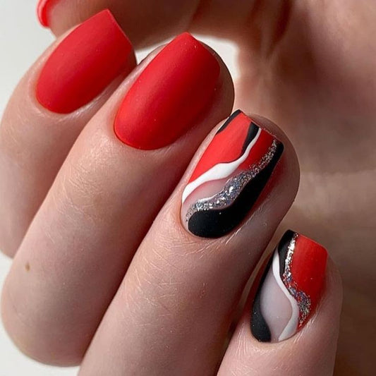 Matte Red Swirls Press on Fake Artificial Nails / tns588