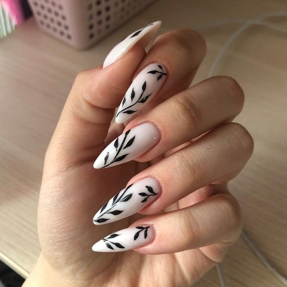Glossy White Floral Press on Fake Artificial Nails / tns639