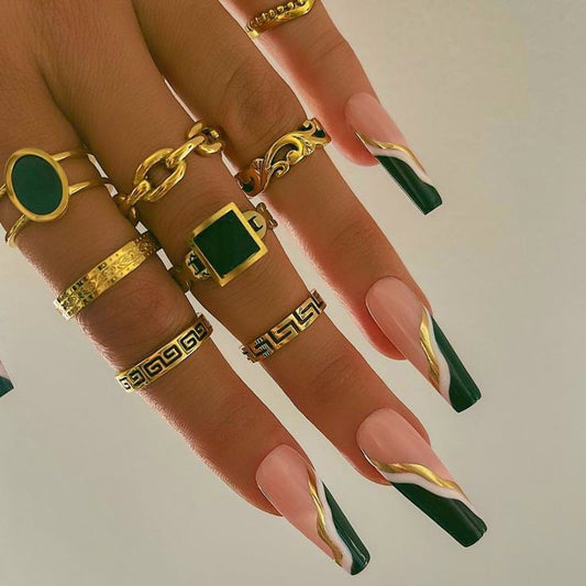 Glossy Green Chrome Swirls Press on Fake Artificial Nails / tns646