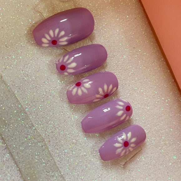 Glossy Purple Floral Press on Fake Nails // tns897
