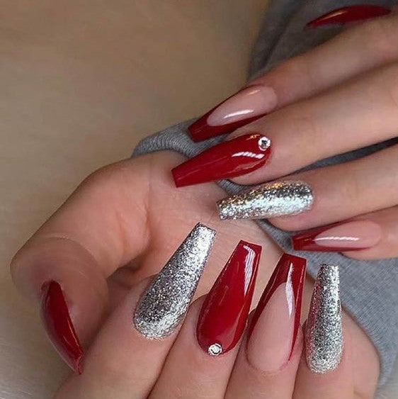 Glossy Red Glitter French Press on Fake Artificial Nails / tns740