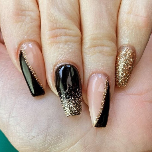 Glossy Black Glitter French Press on Fake Artificial Nails / tns691