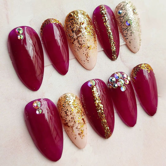 Glossy Maroon Glitter Ombre Press on Fake Nails // tns870