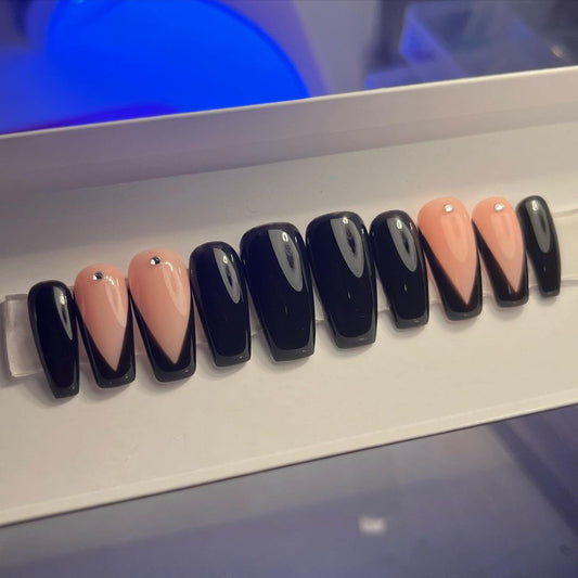 Glossy Black Nude French Press on Fake Artificial Nails / tns516