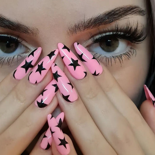 Glossy Pink Stars Press on Fake Artificial Nails / tns505