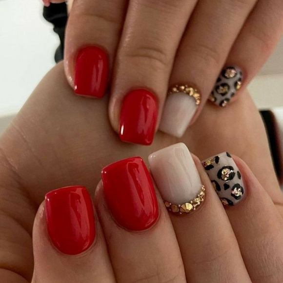 Glossy Red Studded Animal Print Press on Fake Artificial Nails / tns535