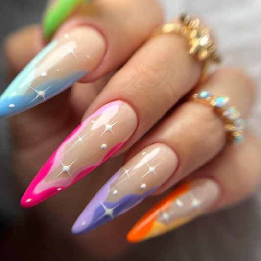 Glossy Colorful French Stars Press on Fake Artificial Nails / tns747