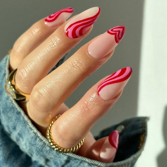 Glossy Pink Swirl Heart Press on Fake Artificial Nails / tns750