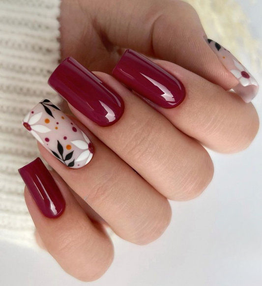 Glossy Maroon Floral Press on Fake Nails // tns860