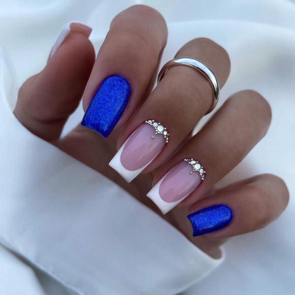 Glossy Blue Studded French Press on Fake Nails // tns863