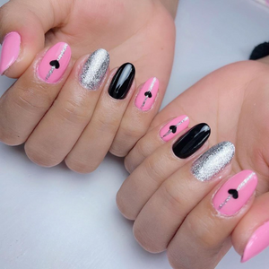 Matte Pink and Black Hearts Press on Fake Nails // tns865