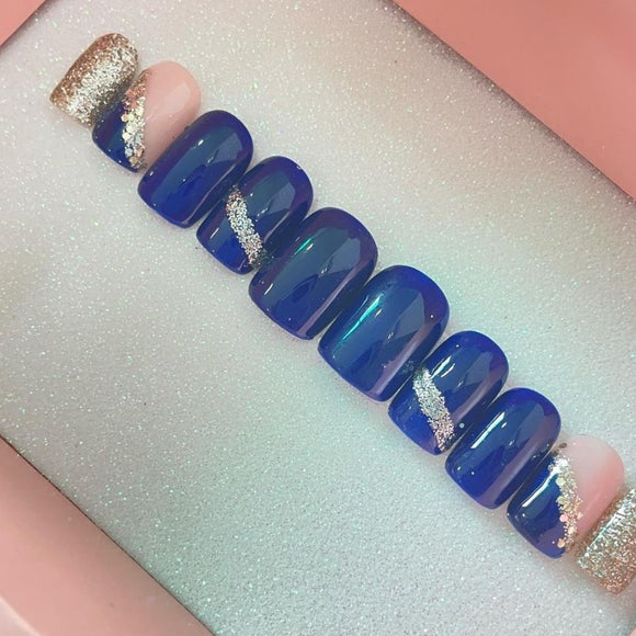 Glossy Blue Glitter Press on Fake Nails // tns869