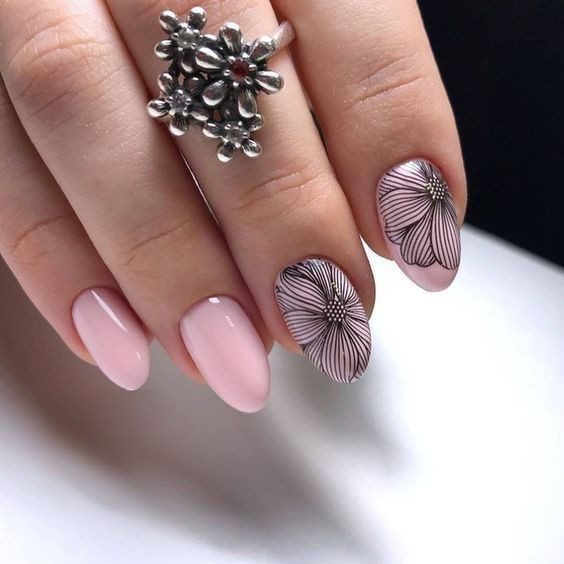 Glossy Light Pink Floral Press on Fake Artificial Nails / tns573