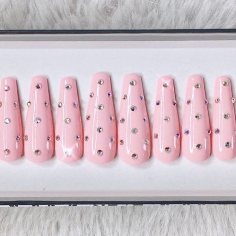 Glossy Light Pink Studded Press on Fake Artificial Nails / tns726