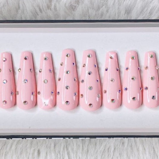 Glossy Light Pink Studded Press on Fake Artificial Nails / tns726