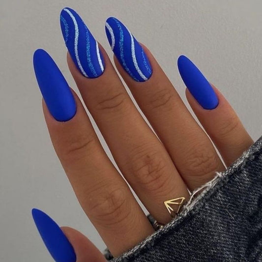 Matte Blue Swirls Press on Fake Artificial Nails / tns613