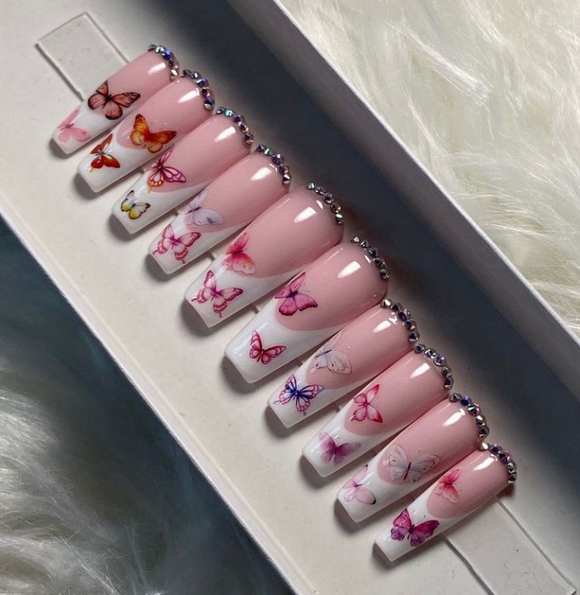 Glossy Nude French Butterflies Press on Fake Nails // tns837